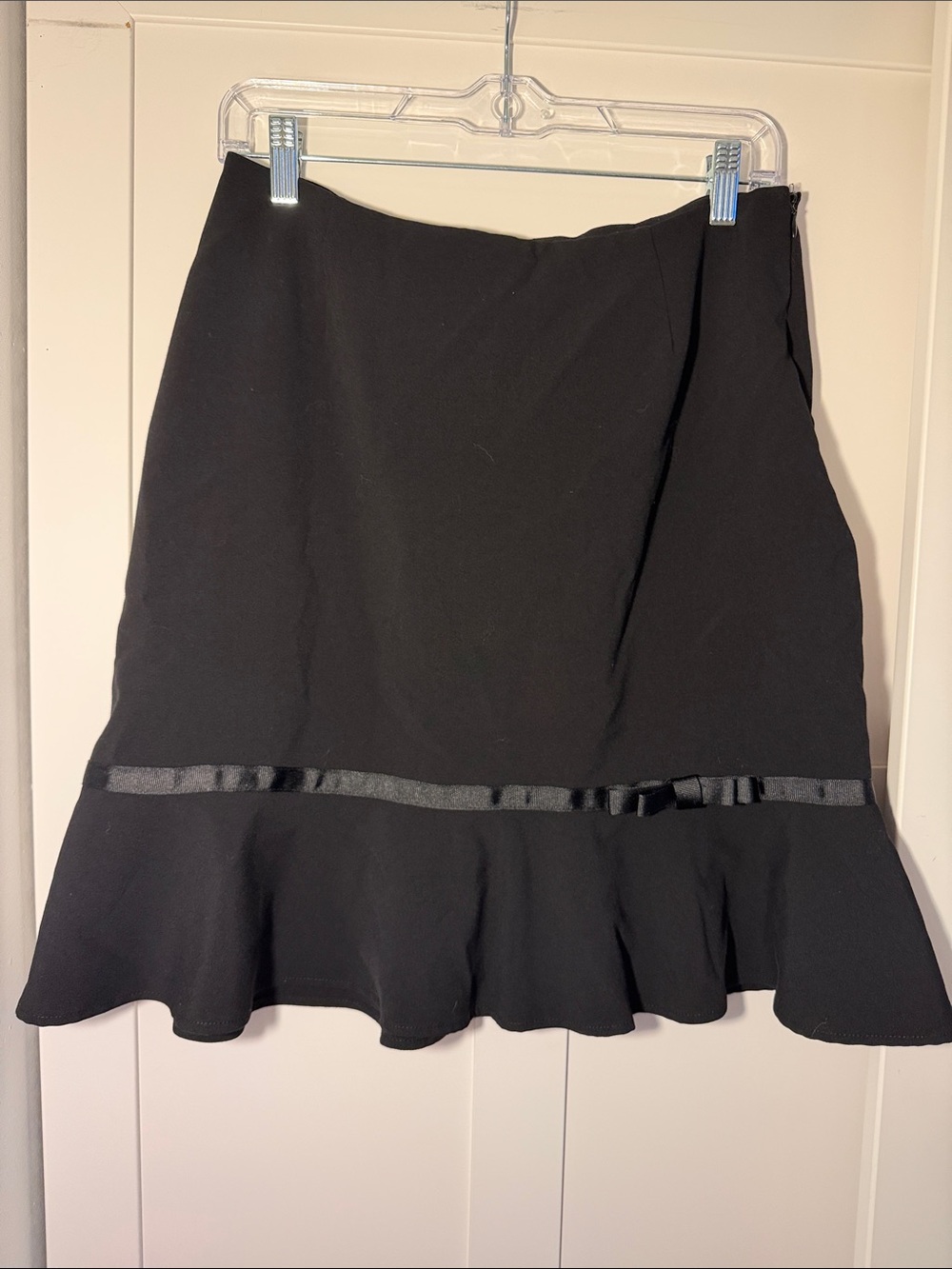 Women’s Black A-Line Skirt with Satin Trim and Ruffle Hem